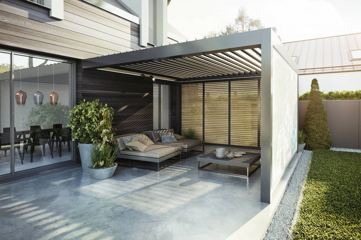Preisgekrönt: Pergola «So!» bekam den renommierten Red Dot Design Award 2019: Lamellen, LED Beleuchtung, Bluetooth Sound und Heizung werden per App gesteuert. Winsol/Green Style