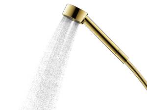 Die Handbrause der Linie «Axor One by Barber Osgerby» mit goldener «FinishPlus» Oberfläche: Essenz luxuriöser Einfachheit. Axor Hansgrohe.